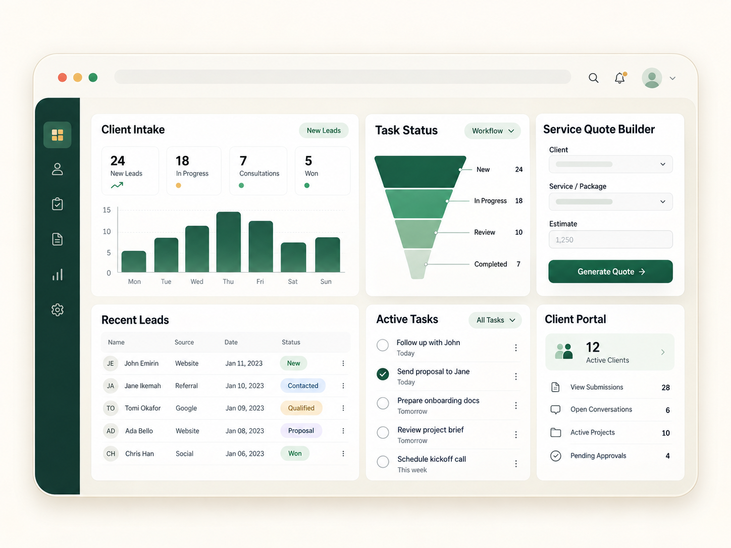 Apps and digital tools dashboard showing client intake, task status, quote builder, active tasks and client portal