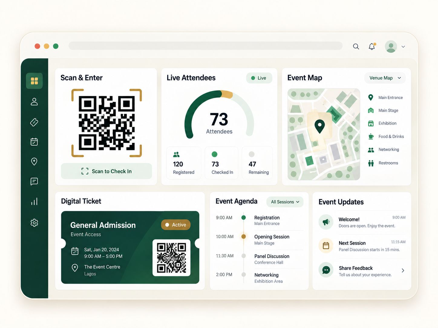 Events and QR dashboard showing scan-to-enter, live attendees, event map, digital ticket, agenda and event updates