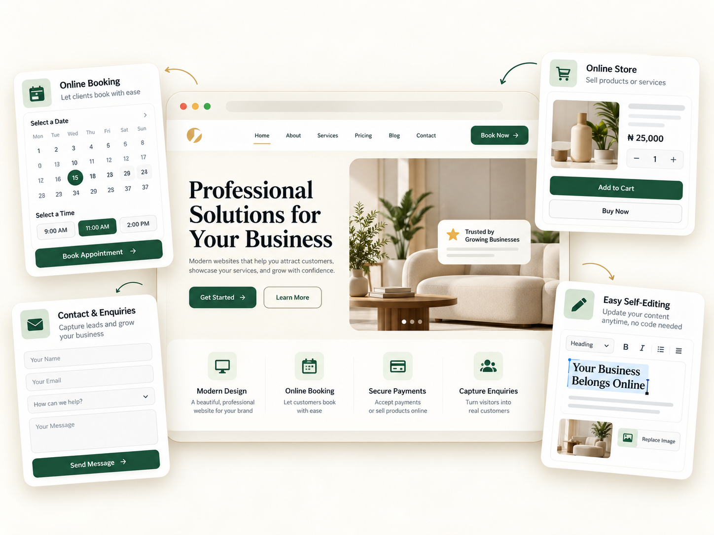 Website solutions visual showing a professional business website with booking, online store, enquiries and easy self-editing
